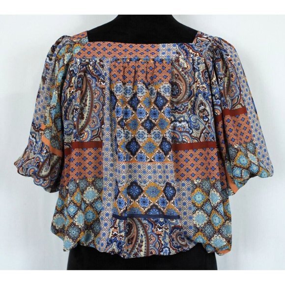 Entro Blouse Women M Boho Paisley Mixed Print Square Neck Flutter Sleeve Top - Picture 2 of 13